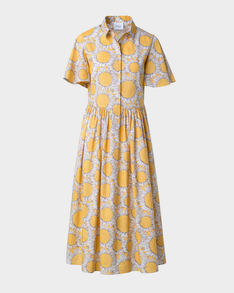 Hello Sunshine-Print Flutter-Sleeve Cotton Batist Midi Shirtdress
